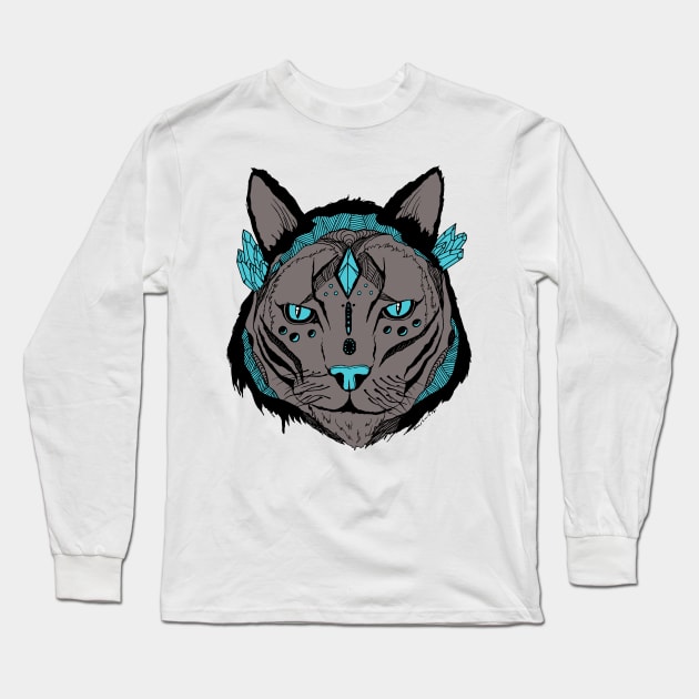 Blue Grey Mystical Tribal Cat Long Sleeve T-Shirt by kenallouis